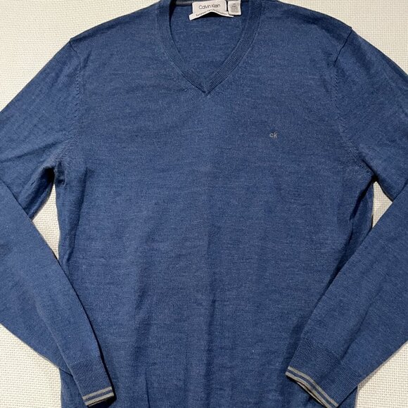 Calvin Klein Merino Wool Blend Sweater Blue‎ V-Neck Long Sleeve Size Large - Picture 1 of 10